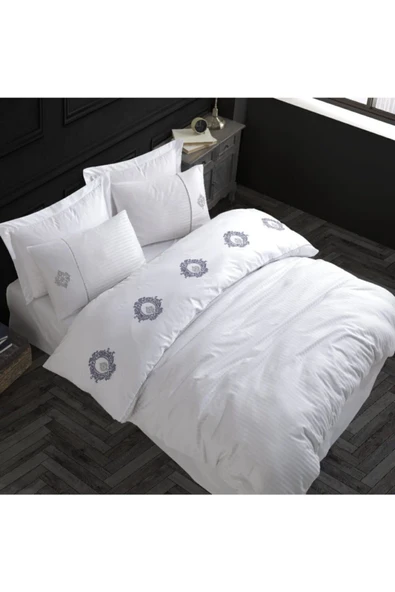 Hobby Elegant Nakışlı Pamuk Saten Çift Kişilik Nevresim Takımı Olimpos Beyaz ürün görseli