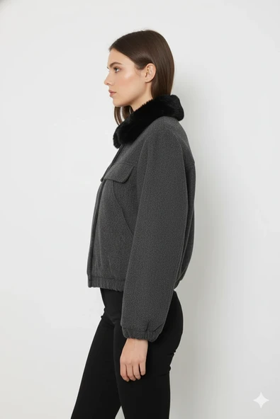 Cemo Kuzu Kürk Yakalı Düğmeli Kısa Suni Deri Ceket - Resim 6