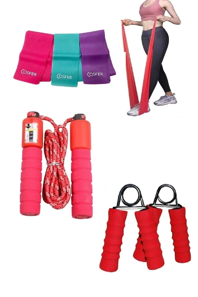 3'lü Set Aerobik Yoğa Egzersiz Pilates Bandı Seti Atlama Ipi El Parmak Bilek Kol Güçlendirme El Yayı ürün görseli