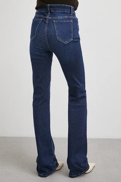 Yüksek Bel Likralı İspanyol Paça Jean Lacivert - Resim 6