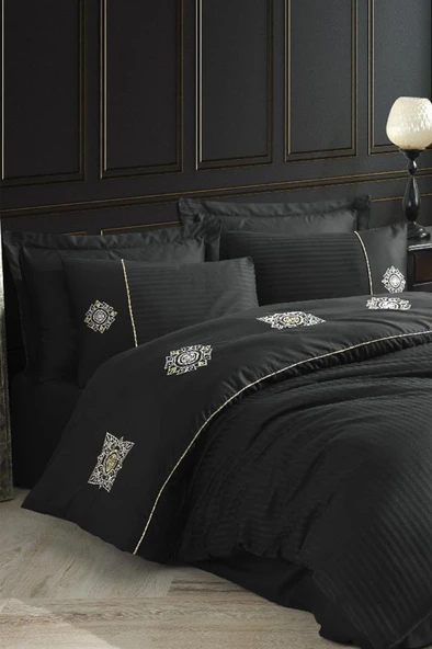 Hobby Elegant Nakışlı Pamuk Saten Çift Kişilik Nevresim Takımı Zeugma Siyah ürün görseli