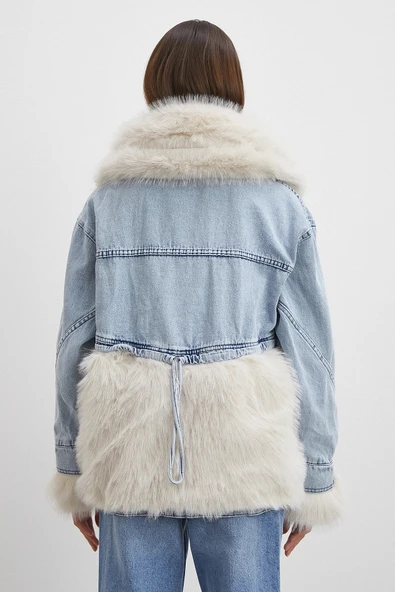 Kot Garnili Kürklü Mont Mavi - Resim 6