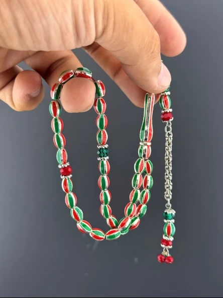 YEŞİL KIRMIZI PİRİNÇ TESBİH BEYZİ KESİM 5,5X8mm - Resim 4