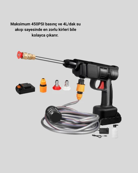 Kablosuz Basınçlı Yıkama Makinesi – 48V Güçlü Motor, 2 Pil ve Köpük Hazneli - Resim 3