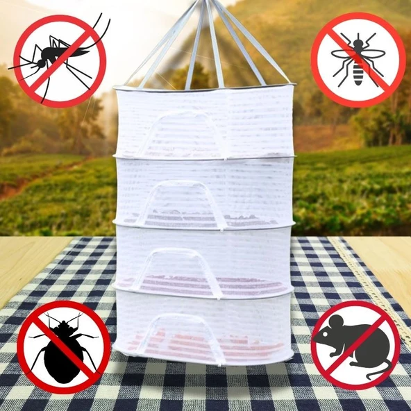 Dört Raflı Bölmeli Açık Havada Güneşte Bitki Meyve Sebze Çamaşır Kurutma Filesi Askısı Aparatı Aleti - Resim 3