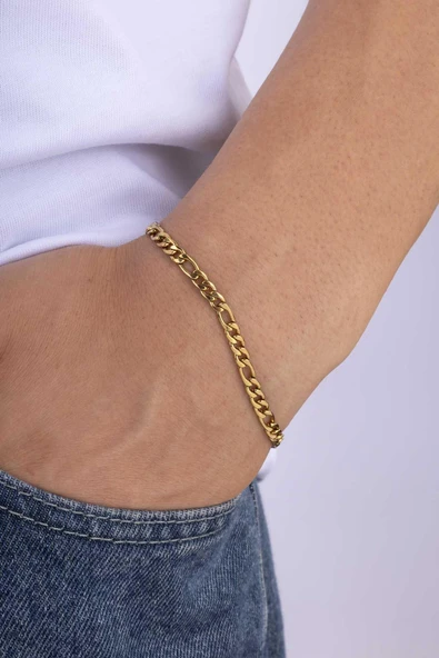 Gümüş Pazarım Altın Kaplam Geçmeli Gurmet Çelik Erkek Zincir Bileklik - Resim 2