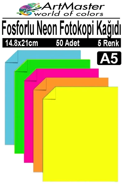 Fosforlu Neon Renkli A5 Fotokopi Kağıdı 50 Adet 1 Paket 14.8x21 cm Fosforlu 5 Renk Parlak Canlı Renkler Neon Fotokopi ürün görseli