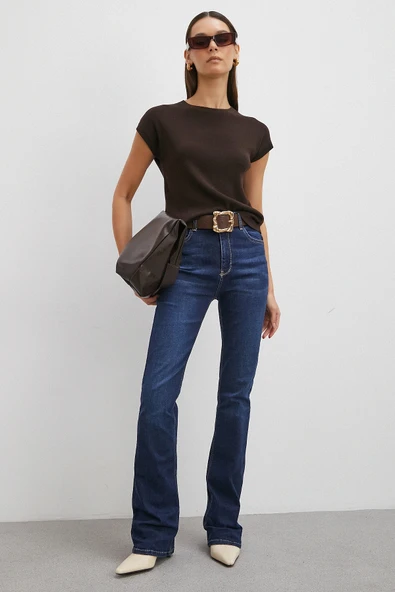 Yüksek Bel Likralı İspanyol Paça Jean Lacivert ürün görseli 1