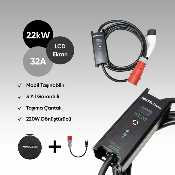 Nicola 360 Mobil Elektirikli Araç Şarj Aparatı 22kw Tüm Elektirikli Araçlara Uyumlu Taşınabilir Çanta Hediyeli ürün görseli