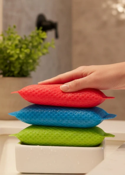 Technow Petek Dokulu Fileli Pratik Temizlik ve Bulaşık Süngeri Renkli  3 Adet - Resim 5