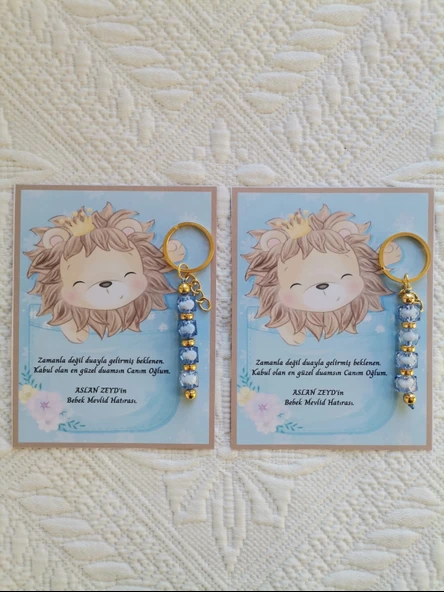 48 Adet Özel Tasarım Aslan ve Mavi Anahtarlık Hastane Yeni Doğan 40 Mevlidi Dağıtmalık Hediyelik - Resim 2