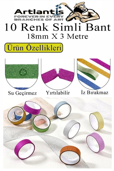 Renkli Simli Bant 10 Adet 1 Paket 10 lu Simli Holgramlı Metalik Hobi Işıltılı Bantı Hediye Dekoratif - Resim 3