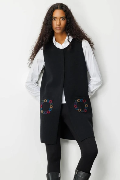 25021 DESEN TRİKO CEBİ BAYRAM ŞEKERİ TIĞLAMALI SIFIR YAKA ÖNÜ AÇIK UZUN YELEK - Resim 8