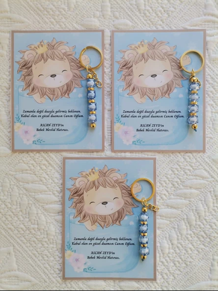 100 Adet Özel Tasarım Aslan ve Mavi Anahtarlık Hastane Yeni Doğan 40 Mevlidi Dağıtmalık Hediyelik - Resim 3