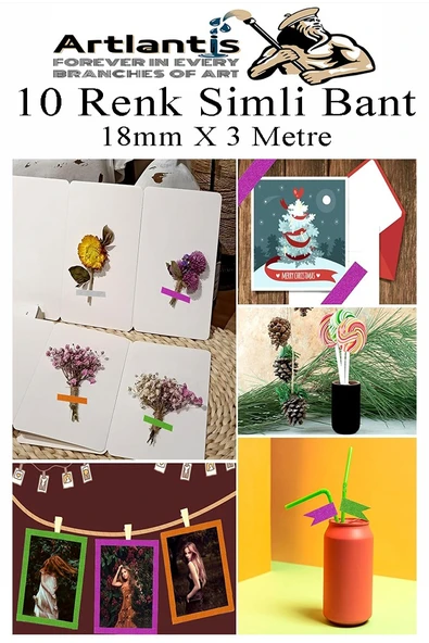 Renkli Simli Bant 10 Adet 1 Paket 10 lu Simli Holgramlı Metalik Hobi Işıltılı Bantı Hediye Dekoratif - Resim 6