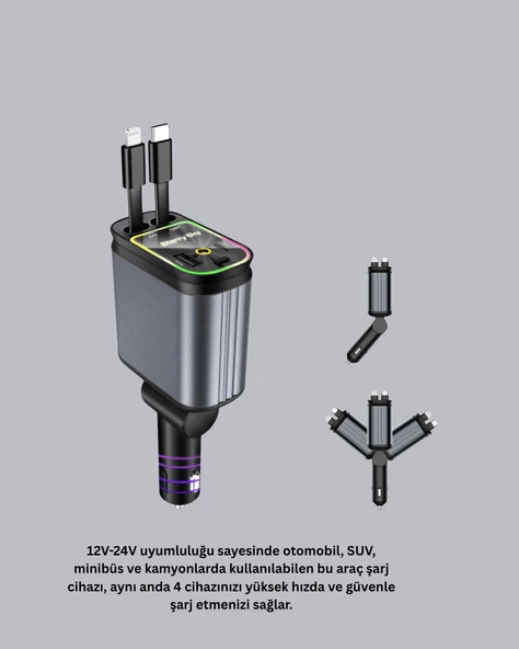 Araç Şarj Cihazı 4 Portlu 66W Hızlı Şarjlı LED Işıklı ve 180° Dönebilir - Resim 5