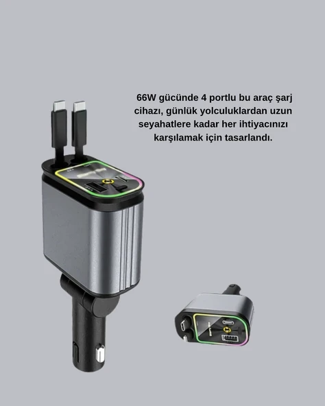 Araç Şarj Cihazı 4 Portlu 66W Hızlı Şarjlı LED Işıklı ve 180° Dönebilir - Resim 2