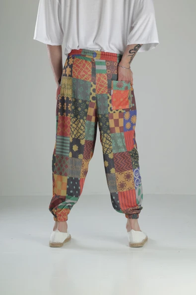 Renkli Desenli Bürümcük Kumaş Pileli Yarım Şalvar COC1953 - Resim 4