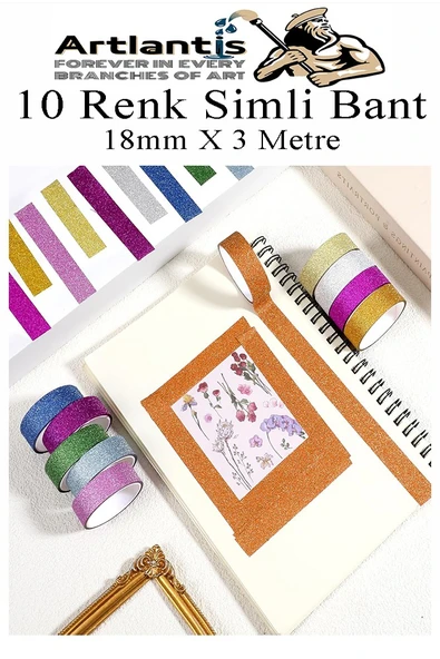 Renkli Simli Bant 10 Adet 1 Paket 10 lu Simli Holgramlı Metalik Hobi Işıltılı Bantı Hediye Dekoratif - Resim 5