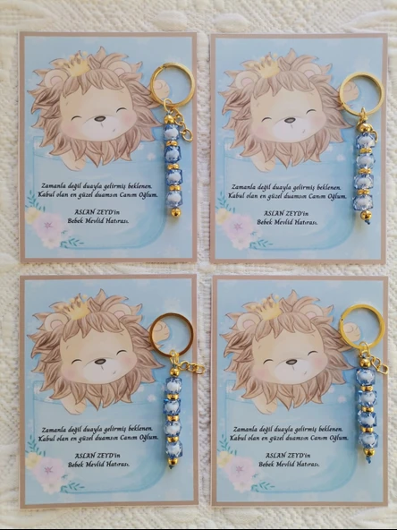 100 Adet Özel Tasarım Aslan ve Mavi Anahtarlık Hastane Yeni Doğan 40 Mevlidi Dağıtmalık Hediyelik - Resim 4