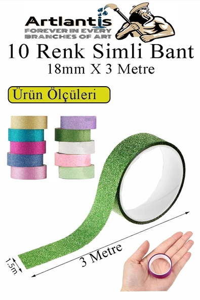 Renkli Simli Bant 10 Adet 1 Paket 10 lu Simli Holgramlı Metalik Hobi Işıltılı Bantı Hediye Dekoratif - Resim 2