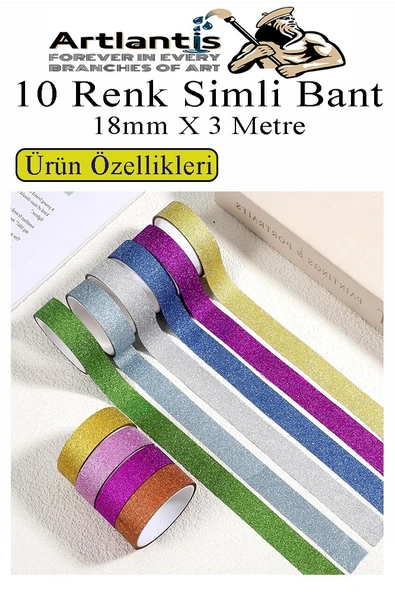 Renkli Simli Bant 10 Adet 1 Paket 10 lu Simli Holgramlı Metalik Hobi Işıltılı Bantı Hediye Dekoratif - Resim 4