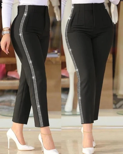 MDB Kadın Yüksek Bel Yanlardan Taş Detaylı Ithal Krep Pantolon - Resim 3