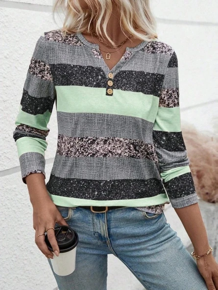 MDB Kadın Uzun Kollu Yakadan Düğmeli çizgili Desenli Süprem Bluz - Resim 3