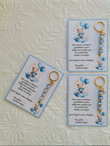 100 Adet Özel Tasarım Ayıcık ve Mavi Anahtarlık Hastane Yeni Doğan 40 Mevlidi Dağıtmalık Hediyelik - Resim 6