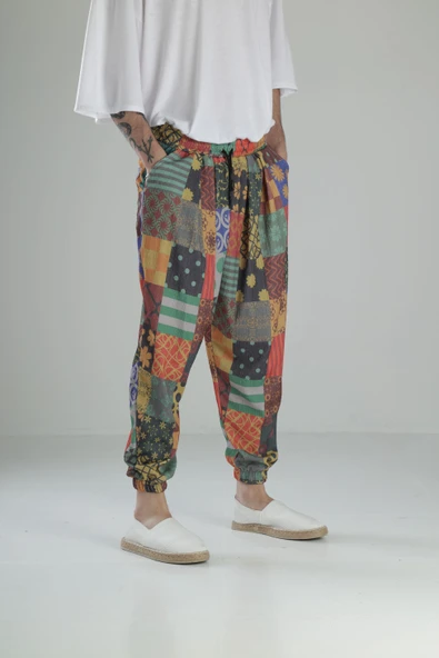 Renkli Desenli Bürümcük Kumaş Pileli Yarım Şalvar COC1953 - Resim 3