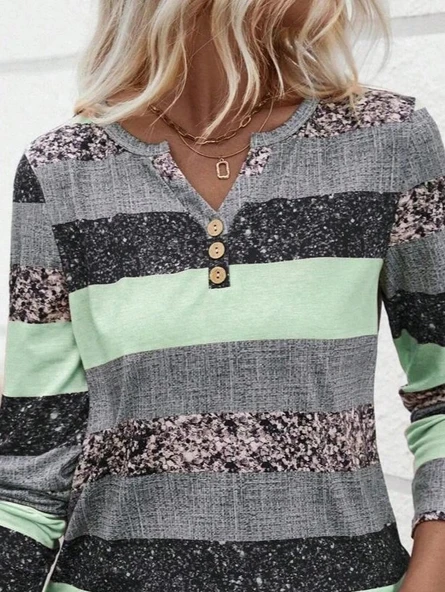 MDB Kadın Uzun Kollu Yakadan Düğmeli çizgili Desenli Süprem Bluz - Resim 2