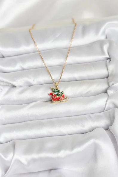 316L Çelik Zincir Gold Renk Kızak ve Çam Ağacı Figürlü Yılbaşı Temalı Kadın Kolye - TJ-BKO10716 - Resim 2