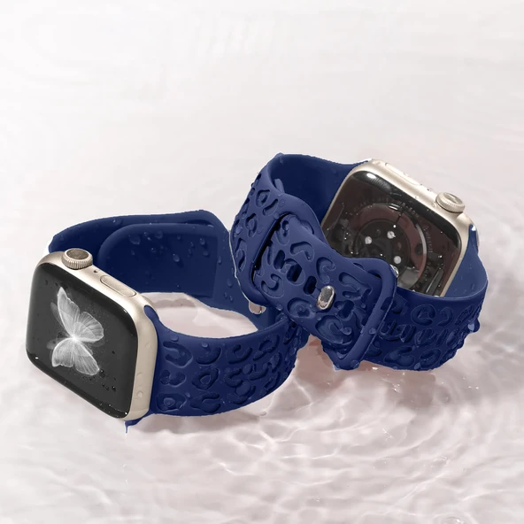Apple Watch Ultra 1 ve 2 Uyumlu 49mm Leopar Desenli Yumuşak Silikon Kordon  Lacivert - Resim 5