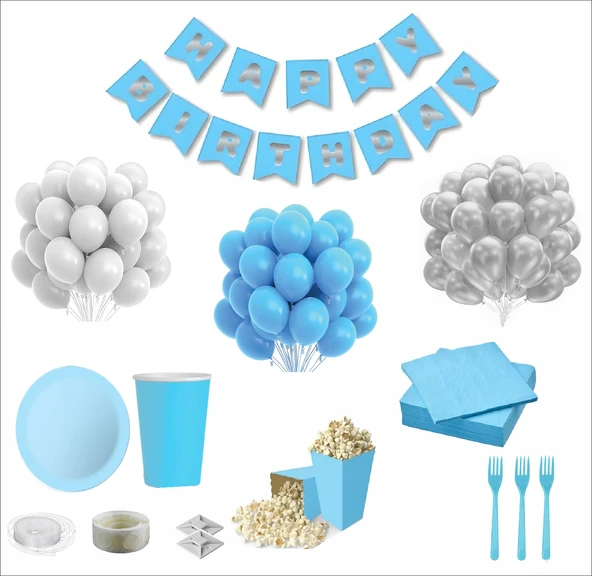 Mavi Beyaz 8 Kişilik Doğum Günü Seti ürün görseli 1