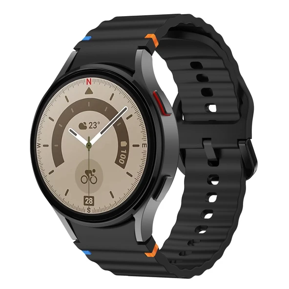Samsung Galaxy Watch 5 Pro 45mm İle Uyumlu Metal Tokalı Dalgalı Spor Silikon Kordon  Siyah ürün görseli