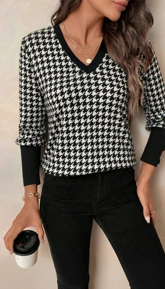 MDB Kadın Uzun Kollu V Yakalı Desenli Süprem Bluz ürün görseli 1