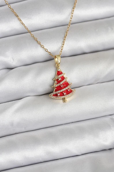 316L Çelik Zincir Gold Renk Kırmızı Çam Ağacı Model Yılbaşı Temalı Kadın Kolye - TJ-BKO10714 ürün görseli