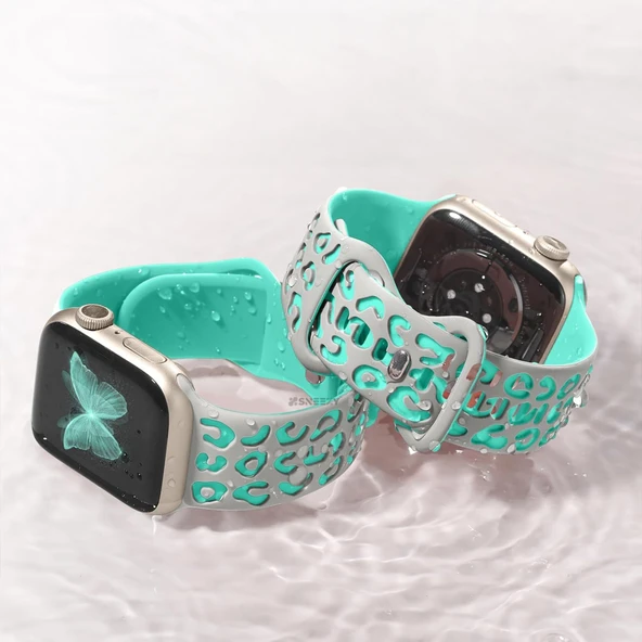 Apple Watch Ultra 1 ve 2 Uyumlu 49mm Leopar Desenli Yumuşak Silikon Kordon  Gri - Resim 5