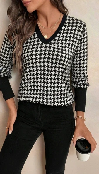 MDB Kadın Uzun Kollu V Yakalı Desenli Süprem Bluz - Resim 3