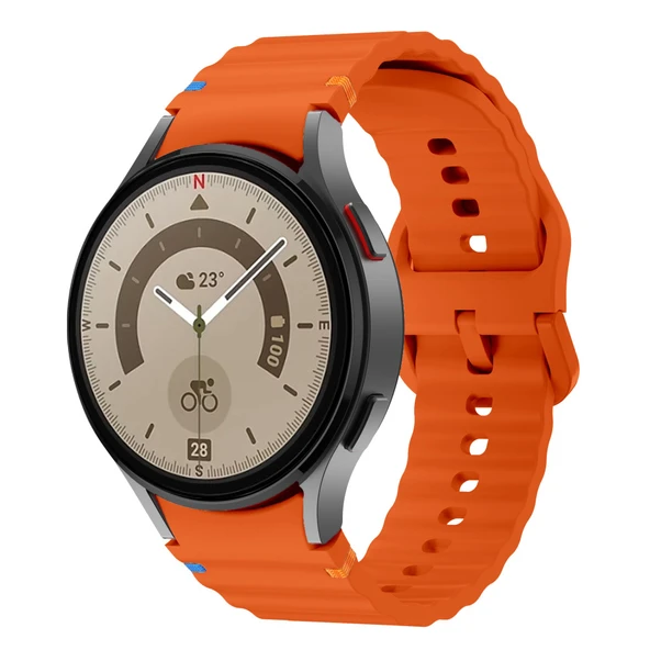 Samsung Galaxy Watch 5 Pro 45mm İle Uyumlu Metal Tokalı Dalgalı Spor Silikon Kordon  Turuncu ürün görseli