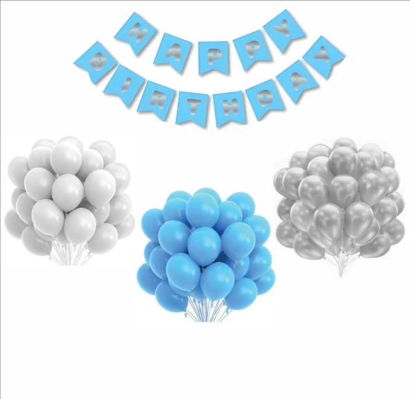 Beyaz, Mavi, Gümüş Balon-Banner Seti ürün görseli