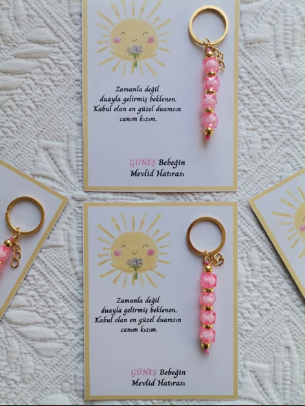 100 Adet Özel Tasarım Güneş ve Pembe Anahtarlık Hastane Yeni Doğan 40 Mevlidi Dağıtmalık Hediyelik - Resim 7