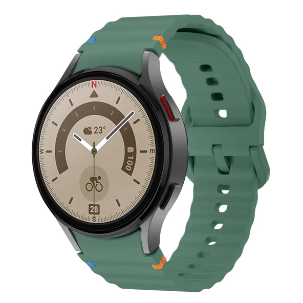 Samsung Galaxy Watch 5 Pro 45mm İle Uyumlu Metal Tokalı Dalgalı Spor Silikon Kordon  Koyu Yeşil ürün görseli