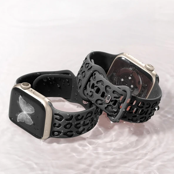 Apple Watch Ultra 1 ve 2 Uyumlu 49mm Leopar Desenli Yumuşak Silikon Kordon  Füme - Resim 5