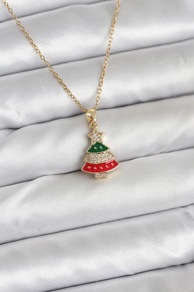 316L Çelik Zincir Gold Ren Çam Ağacı Model Zirkon Taşlı Yılbaşı Temalı Kadın Kolye - TJ-BKO10710 ürün görseli