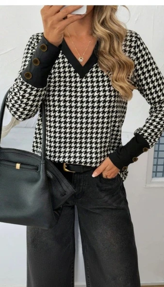 MDB Kadın Uzun Kollu V Yakalı Desenli Süprem Bluz - Resim 2