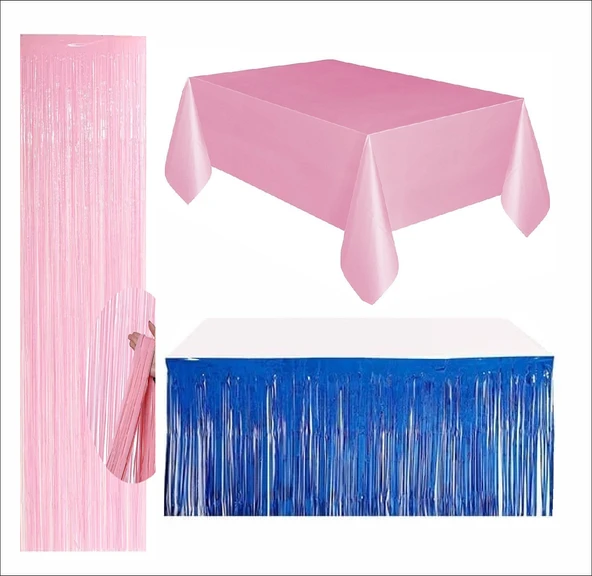 Pembe Masa Örtüsü, Lacivert Masa Eteği, Pembe Arka Fon ürün görseli