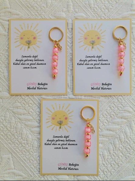 100 Adet Özel Tasarım Güneş ve Pembe Anahtarlık Hastane Yeni Doğan 40 Mevlidi Dağıtmalık Hediyelik - Resim 3