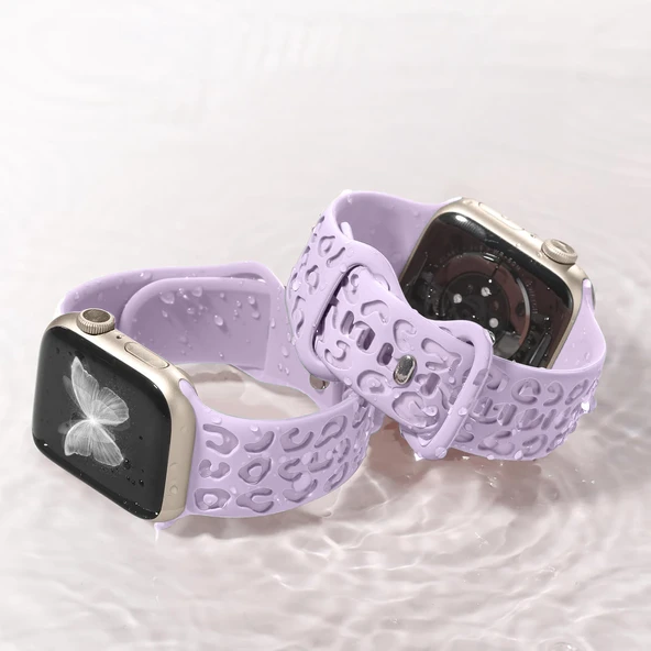Apple Watch Uyumlu 44 45 46mm Leopar Desenli Yumuşak Silikon Kordon Seri 2 3 4 5 6 Se 7 8 9 10   Lila - Resim 5