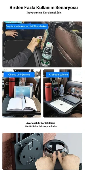 ShopyTech Evrensel Araç Koltuğu Masası 360° Döner Tepsi Tablet Laptop Standı ve Bardaklık - Resim 7